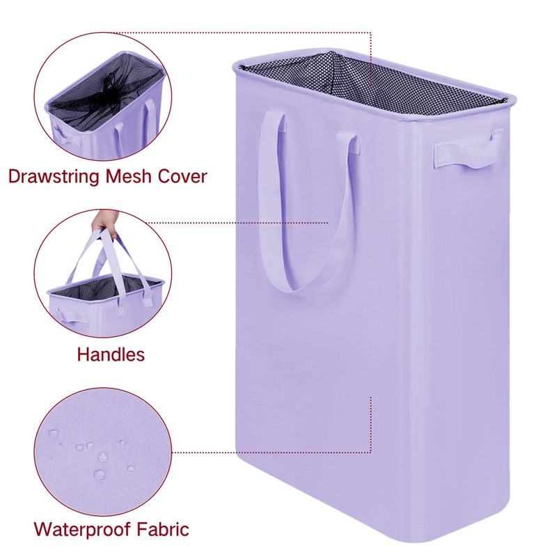 efluky Slim Laundry Basket, Narrow Laundry Hamper with Handles, Collapsible Dirty Clothes Hamper, Tall Laundry Bin for Laundry Room, Dorm and Bedroom, 12.7 Gallons(48L) Light Purple - Image 3