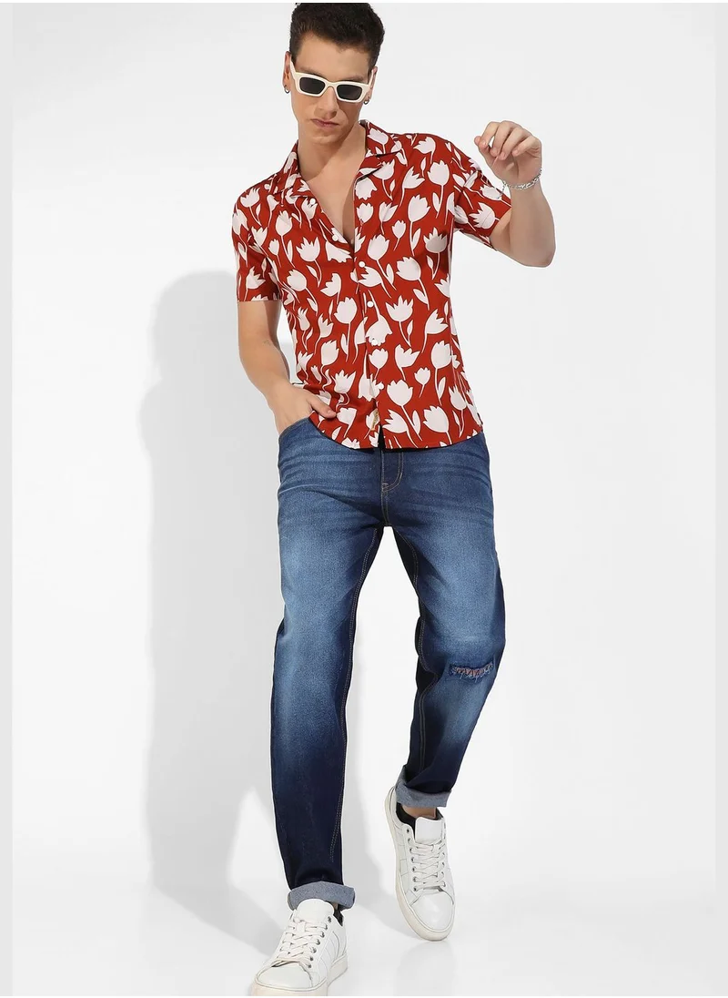 Campus Sutra Printed Spread Collar Short Sleeve Shirt