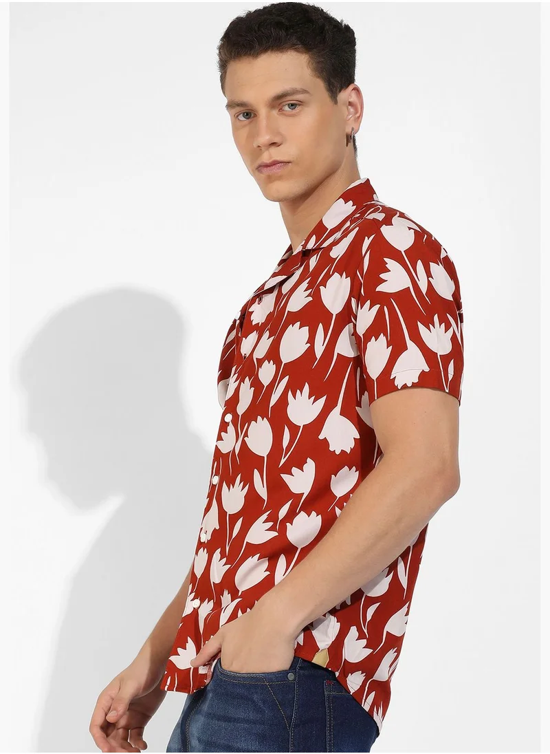 Campus Sutra Printed Spread Collar Short Sleeve Shirt