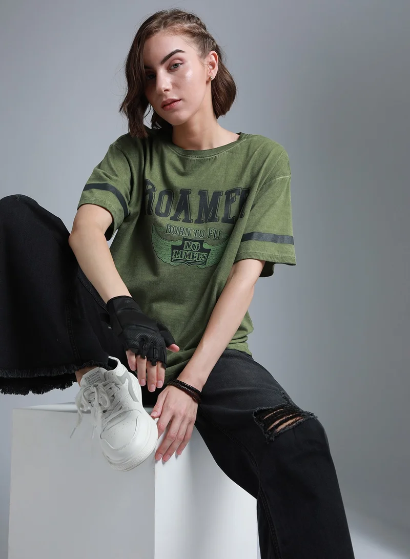 هاي ستار Oversized Typography Printed Round Neck T-Shirt for Women