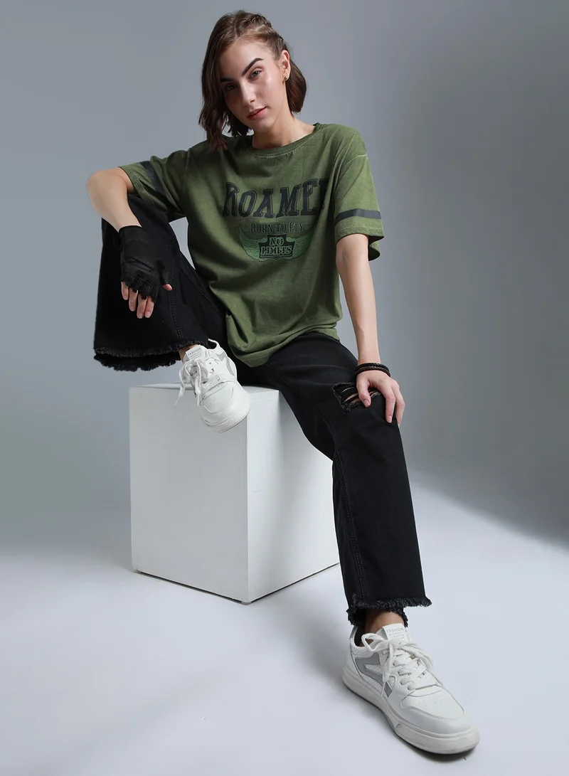 هاي ستار Oversized Typography Printed Round Neck T-Shirt for Women