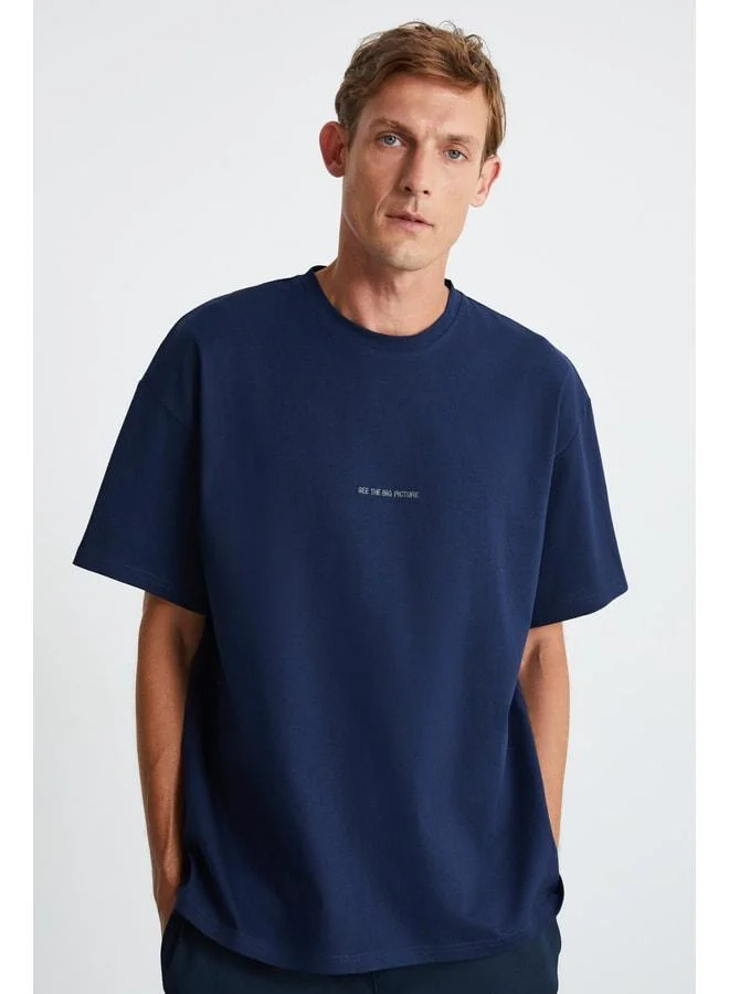 Grimelange River Men's Oversize Fit Loose Cut Embroidered Basic Knitted Navy T‑shirt.