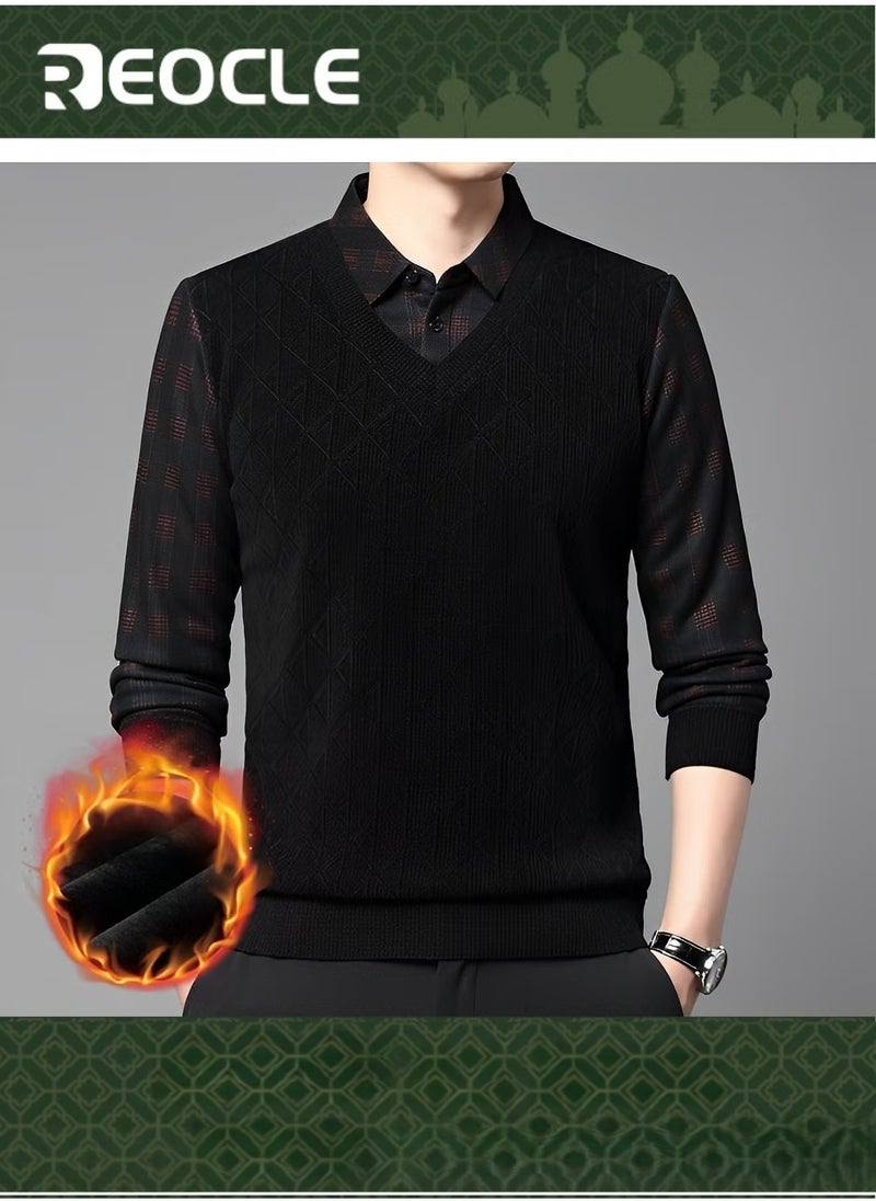 REOCLE Men's Knitted Pullover Sweaters Fleece Thermal Sweater Quarter Button V Neck Lapel Fall Plaid Jumper Top Comfy Soft Sweater  - Image 1