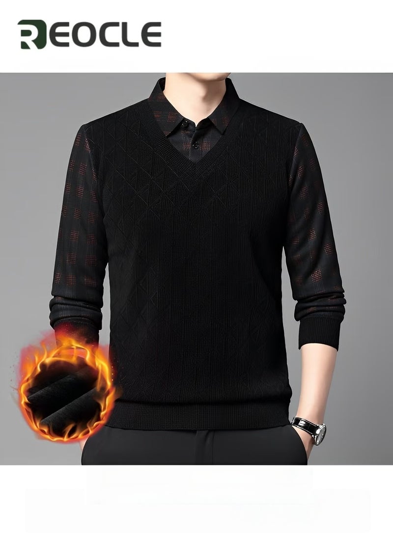 REOCLE Men's Knitted Pullover Sweaters Fleece Thermal Sweater Quarter Button V Neck Lapel Fall Plaid Jumper Top Comfy Soft Sweater  - Image 2