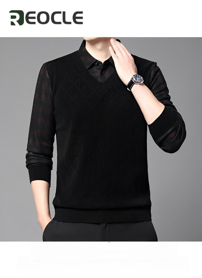 REOCLE Men's Knitted Pullover Sweaters Fleece Thermal Sweater Quarter Button V Neck Lapel Fall Plaid Jumper Top Comfy Soft Sweater  - Image 3
