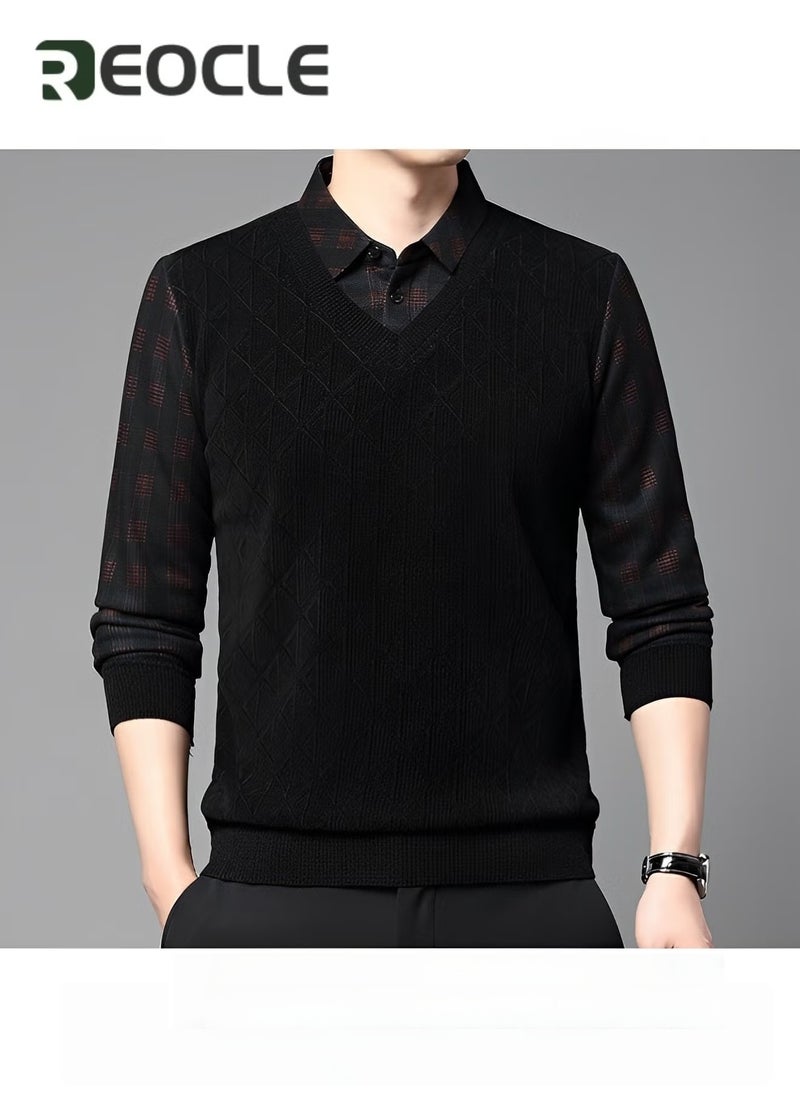 REOCLE Men's Knitted Pullover Sweaters Fleece Thermal Sweater Quarter Button V Neck Lapel Fall Plaid Jumper Top Comfy Soft Sweater  - Image 4