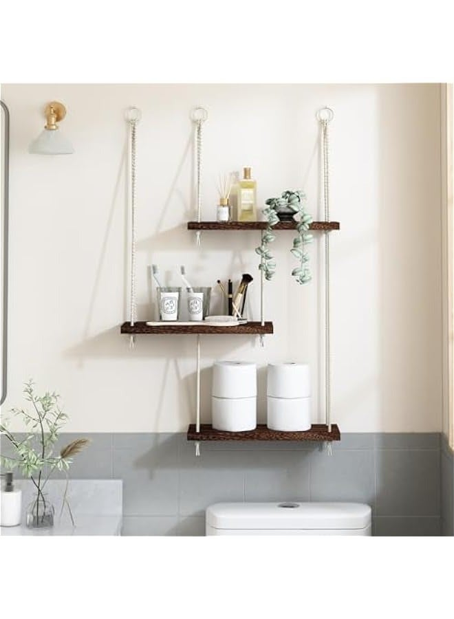 MIXDE 3 Tier Boho Wall Decor Hanging Plant Shelf - Dark Brown - Image 2