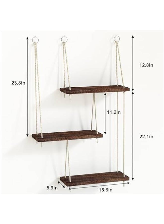 MIXDE 3 Tier Boho Wall Decor Hanging Plant Shelf - Dark Brown - Image 3