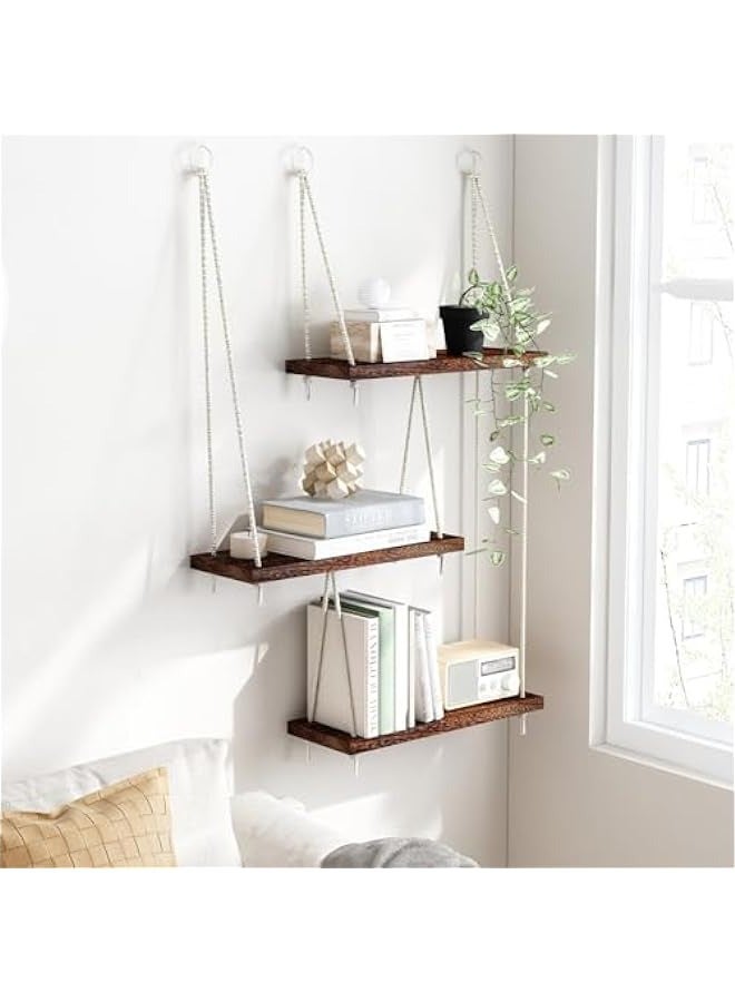 MIXDE 3 Tier Boho Wall Decor Hanging Plant Shelf - Dark Brown - Image 5
