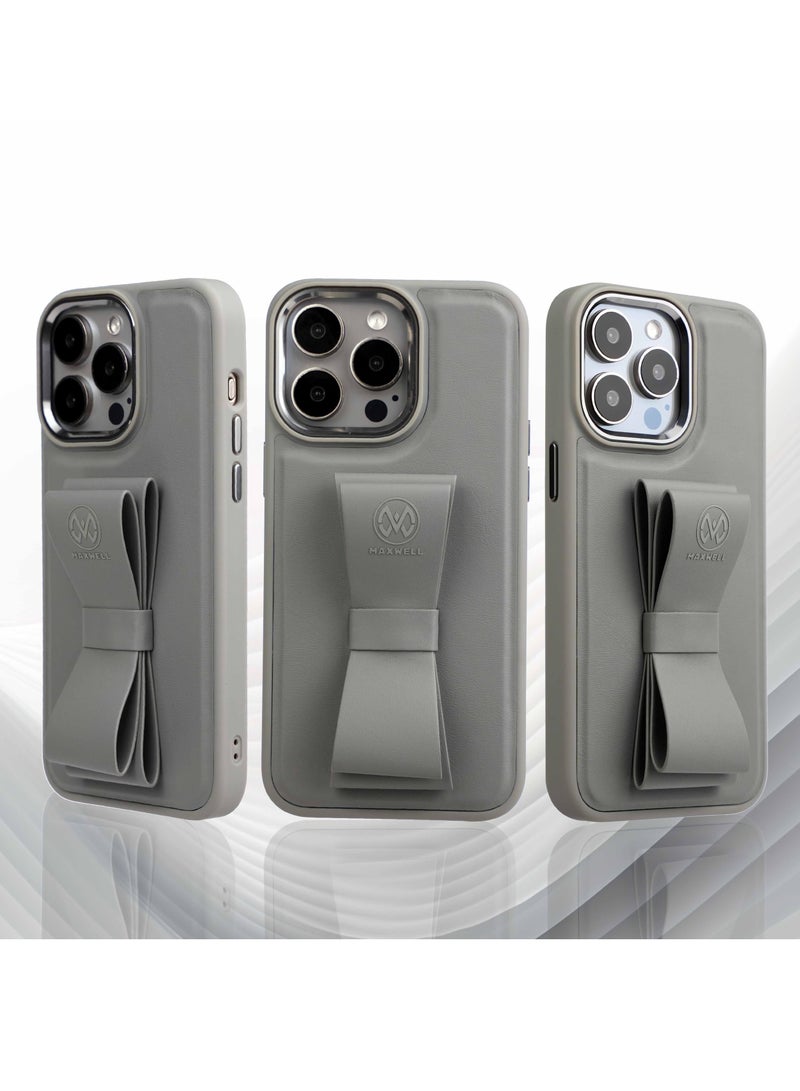 Maxwell Electronics Maxwell Ribbon Grip Flexible Case Compatible with iPhone 15 Pro Max - Drop-Proof, Full Protection with Metallic Camera Lens Protection, Built-In Viewing Stand (Gray) - Image 3