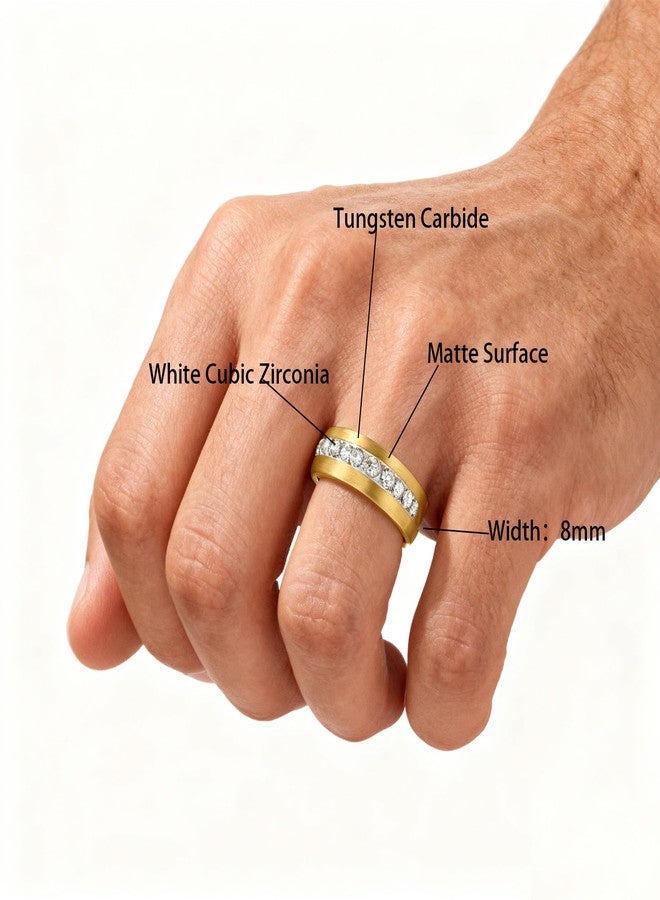 Tioneer 8mm Tungsten Rings for Men Wedding Bands Cubic Zirconia Promise Engagement Pinky Ring Comfort Fit Size 13 Gold - Image 4