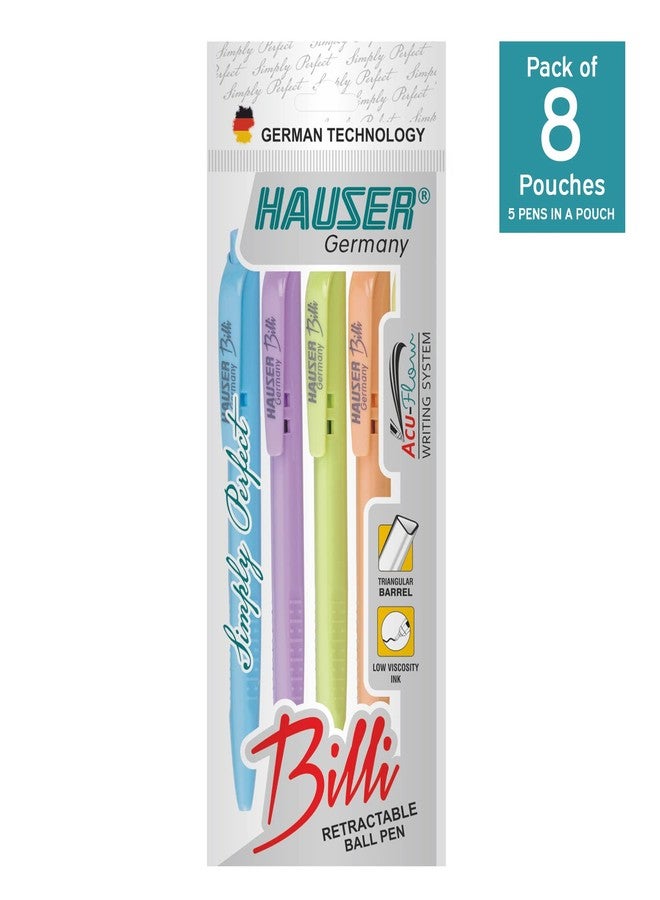 Hauser Billi 0.5mm Ball Pen Pouch Pack | Retractable Mechanism With Comfortable Grip | Smudge Free & Smooth Writing Experience | Refillable | Blue Ink, Pack of 40 Pens - Image 2