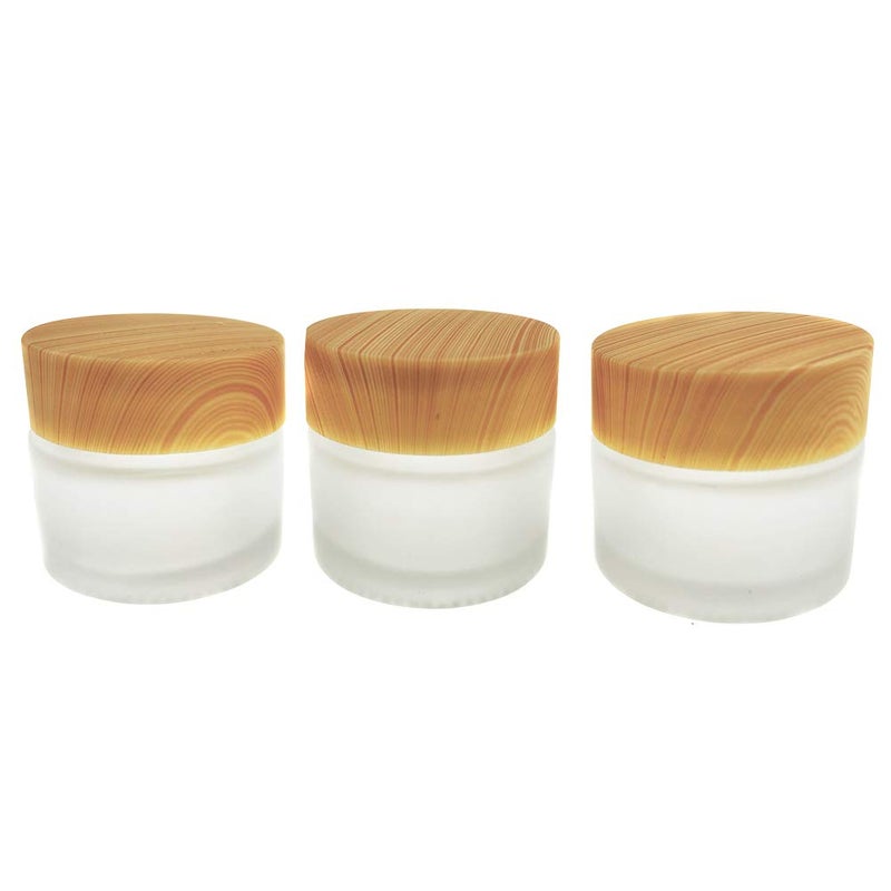 3PCS 10g/10ml Empty Refillable Translucent Glass Makeup Cosmetic Face Cream Lip Balm Storage Container Jar Pot Bottle with liners and Wood Grain Lid for Scrubs Oils Salves Creams Lotions