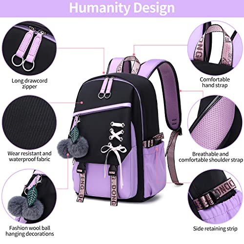 FENGDONG Teenage Girls Bookbag School Backpack Children Casual Daypack Schoolbag for Teens Black Purple - Image 4