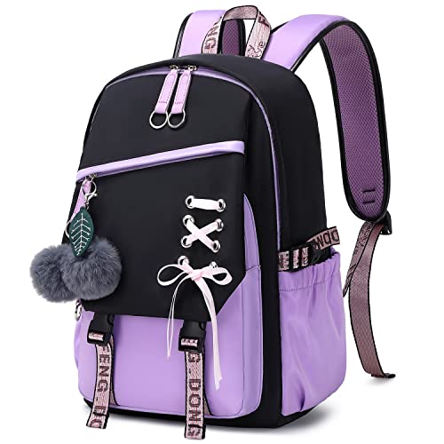 FENGDONG Teenage Girls Bookbag School Backpack Children Casual Daypack Schoolbag for Teens Black Purple - Image 1