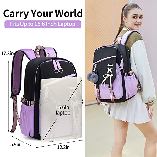 FENGDONG Teenage Girls Bookbag School Backpack Children Casual Daypack Schoolbag for Teens Black Purple - Image 2