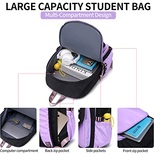 FENGDONG Teenage Girls Bookbag School Backpack Children Casual Daypack Schoolbag for Teens Black Purple - Image 5