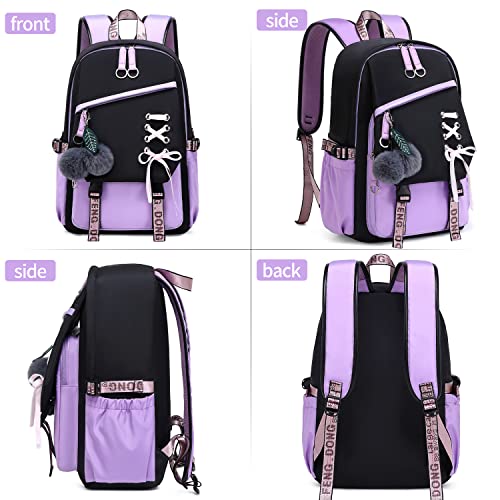 FENGDONG Teenage Girls Bookbag School Backpack Children Casual Daypack Schoolbag for Teens Black Purple - Image 3