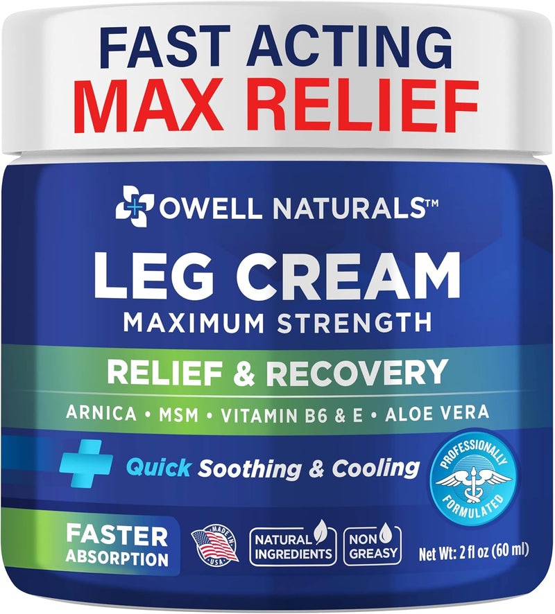 OWELL NATURALS Relief Legs Cream - Fast Acting Maximum Strength Natural with Aloe Vera Vitamin E, Soothing Formula