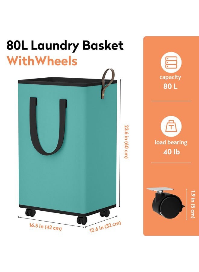 SpaceTrove Laundry Basket with Wheels, Collapsible Laundry Baskets, Laundry Hamper with Handles Detachable Wheels, Rolling Laundry Basket, Dirty Clothes Hamper for Bathroom, Dorm, Bedroom, Green, 80L - Image 4