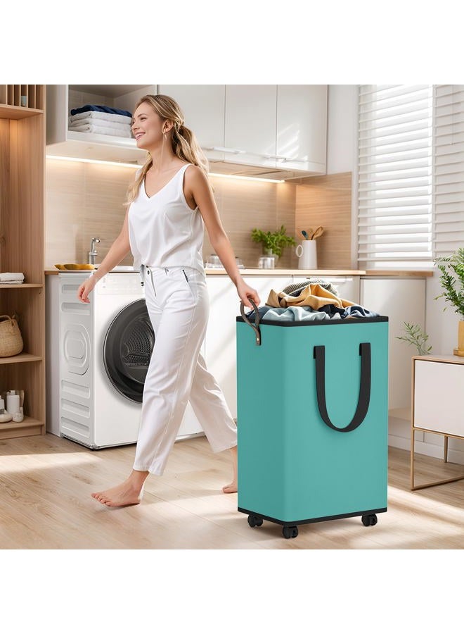SpaceTrove Laundry Basket with Wheels, Collapsible Laundry Baskets, Laundry Hamper with Handles Detachable Wheels, Rolling Laundry Basket, Dirty Clothes Hamper for Bathroom, Dorm, Bedroom, Green, 80L - Image 3