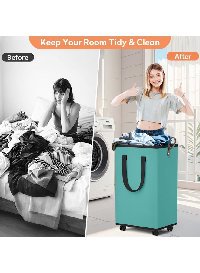 SpaceTrove Laundry Basket with Wheels, Collapsible Laundry Baskets, Laundry Hamper with Handles Detachable Wheels, Rolling Laundry Basket, Dirty Clothes Hamper for Bathroom, Dorm, Bedroom, Green, 80L - Image 5
