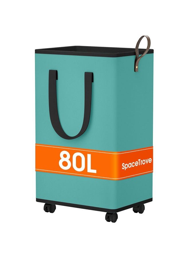 SpaceTrove Laundry Basket with Wheels, Collapsible Laundry Baskets, Laundry Hamper with Handles Detachable Wheels, Rolling Laundry Basket, Dirty Clothes Hamper for Bathroom, Dorm, Bedroom, Green, 80L - Image 1