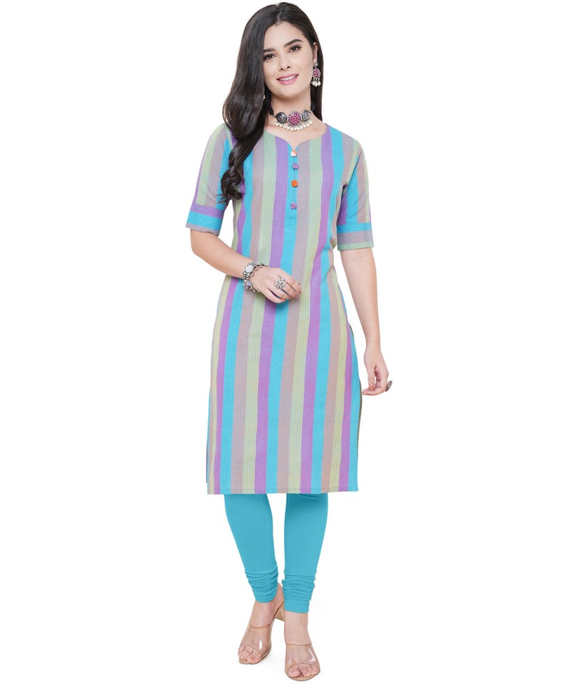 ANUSHIL Women Cotton Regular Fit Multicolor Striped Elbow Sleeves Sweetheart Neck Style With Buttons Ethnic Kurta Blue, Size:-S - Image 1