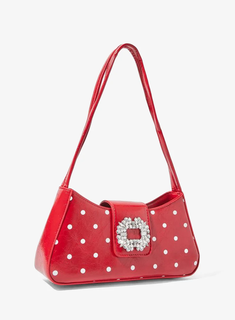Styli Red Polka Dot Shoulder Bag with Embellished Buckle