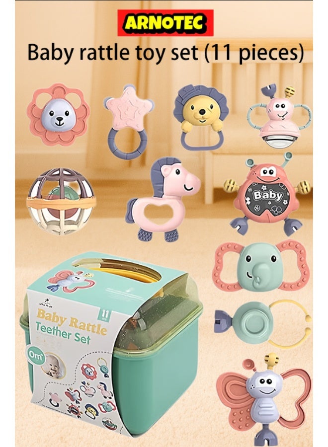 ARNOTEC Baby rattle teether toy set 11 pieces | Food grade silicone | Safe and non-toxic | Early education sensory toys | Suitable for babies 0-24 months | Gifts for boys and girls | New Morandi color matching - Image 1