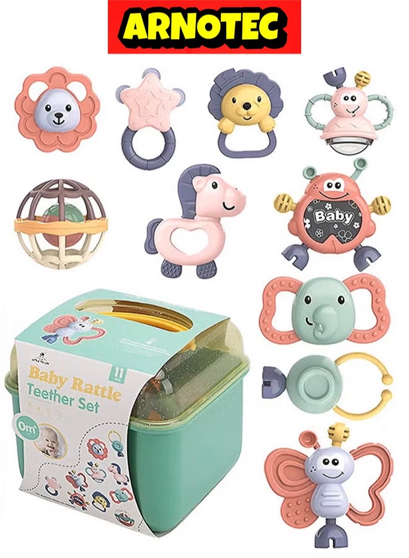 ARNOTEC Baby rattle teether toy set 11 pieces | Food grade silicone | Safe and non-toxic | Early education sensory toys | Suitable for babies 0-24 months | Gifts for boys and girls | New Morandi color matching - Image 2
