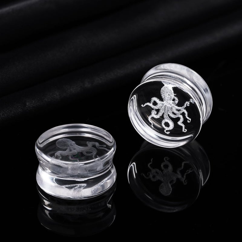 COOEAR Unique Body Jewelry Clear Glass Octopus Ear Plugs Tunnels, Gauges for Stretched Ear Piercings 1/2"(12mm). - Image 4