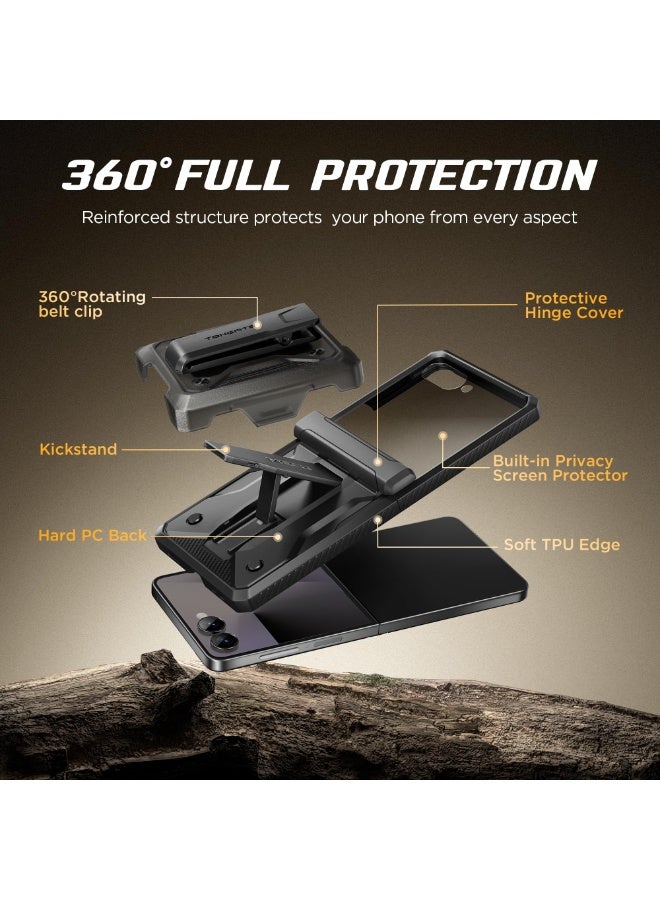 تونجيت جراب لهاتف سامسونج جالاكسي Z Flip 7 5G (إصدار 2025) مع واقي شاشة للخصوصية، مزوّد بحامل ومشبك حزام، حماية للمفصل، تصميم مانع للانزلاق، حماية كاملة للجهاز بمعيار عسكري، أسود. - Image 4