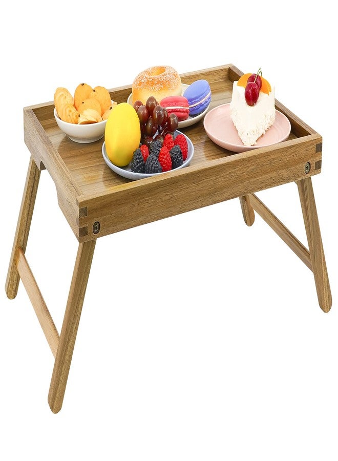 VaeFae Acacia Bed Table Tray, Wooden Breakfast Tray with Folding Legs, Bed Tray for Eating and Laptop, Eating Trays for Bedroom - Image 2