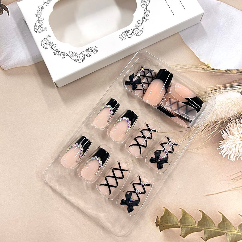 TBRZTR 24Pcs Black French Press on Medium Square Bow Tie False Nails - Rhinestones Design Full Cover Coffin Artificial Stick on Acrylic Nails - Reusable Glue on Manicure Kit for Women - Image 3