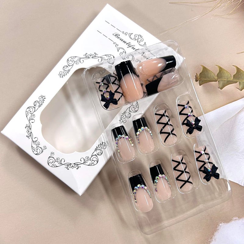 TBRZTR 24Pcs Black French Press on Medium Square Bow Tie False Nails - Rhinestones Design Full Cover Coffin Artificial Stick on Acrylic Nails - Reusable Glue on Manicure Kit for Women - Image 4