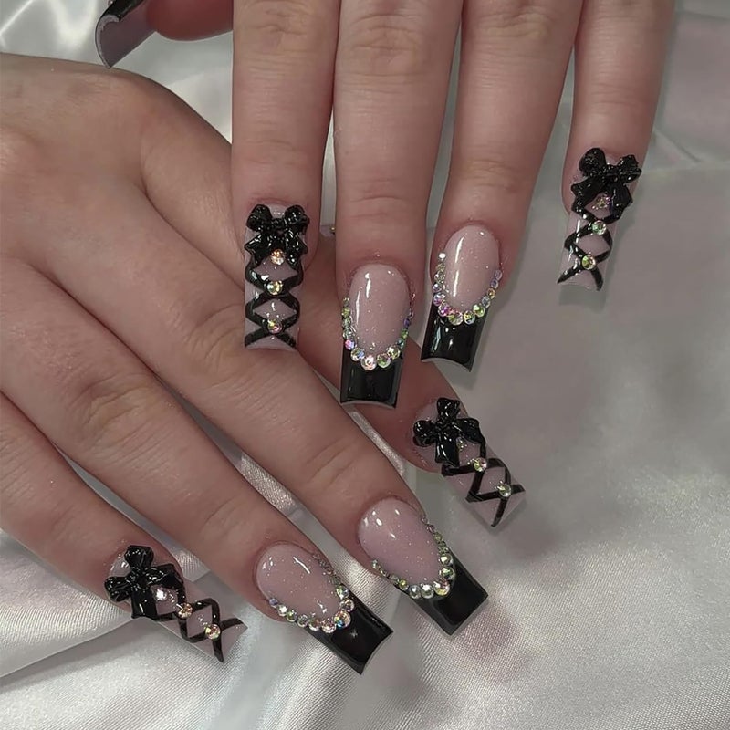 TBRZTR 24Pcs Black French Press on Medium Square Bow Tie False Nails - Rhinestones Design Full Cover Coffin Artificial Stick on Acrylic Nails - Reusable Glue on Manicure Kit for Women - Image 1