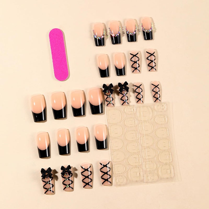 TBRZTR 24Pcs Black French Press on Medium Square Bow Tie False Nails - Rhinestones Design Full Cover Coffin Artificial Stick on Acrylic Nails - Reusable Glue on Manicure Kit for Women - Image 2