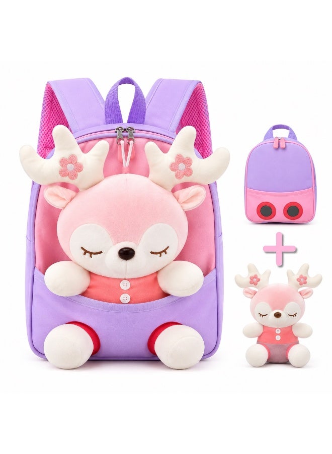Kidzilla Kids Plush Backpack with Little Pink Deer Design, Purple Cuddly Toy Bag for Toddlers & Preschoolers - Image 3
