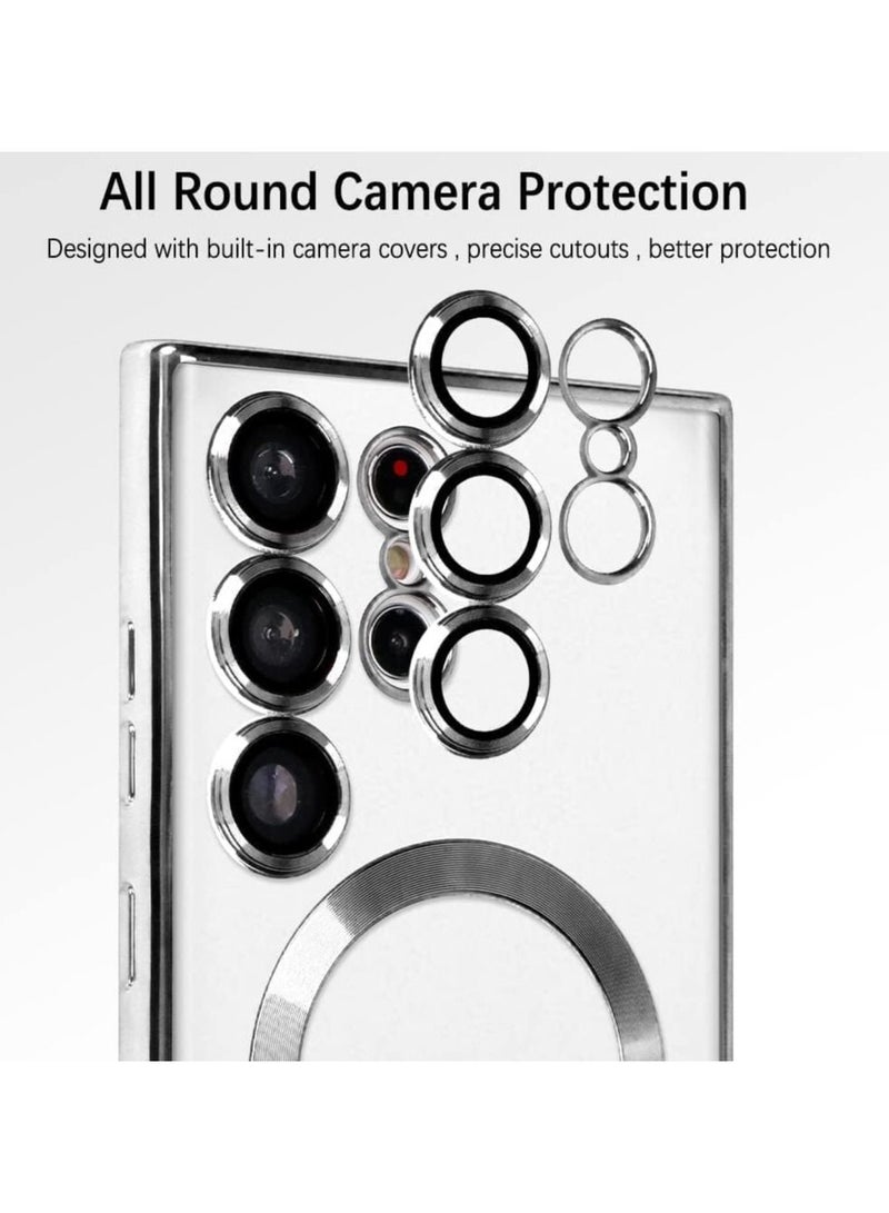 جراب مغناطيسي شفاف لهاتف Samsung Galaxy S23 Ultra مع واقي عدسة الكاميرا متوافق مع Magsafe جراب هاتف Samsung Galaxy S23 Ultra ناعم مطلي بطلاء كهربائي مقاوم للصدمات ومضاد للخدش ، فضي - Image 2