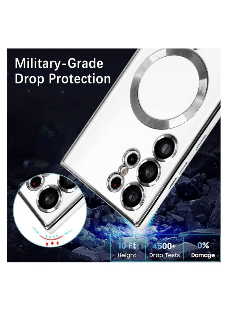 جراب مغناطيسي شفاف لهاتف Samsung Galaxy S23 Ultra مع واقي عدسة الكاميرا متوافق مع Magsafe جراب هاتف Samsung Galaxy S23 Ultra ناعم مطلي بطلاء كهربائي مقاوم للصدمات ومضاد للخدش ، فضي - Image 4