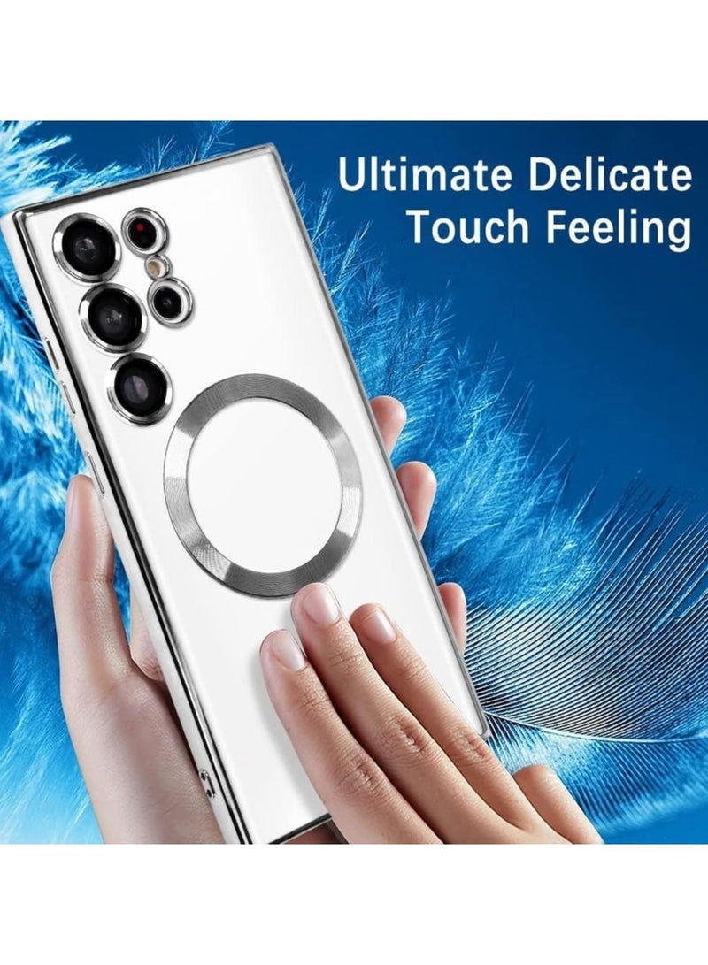 جراب مغناطيسي شفاف لهاتف Samsung Galaxy S23 Ultra مع واقي عدسة الكاميرا متوافق مع Magsafe جراب هاتف Samsung Galaxy S23 Ultra ناعم مطلي بطلاء كهربائي مقاوم للصدمات ومضاد للخدش ، فضي - Image 3