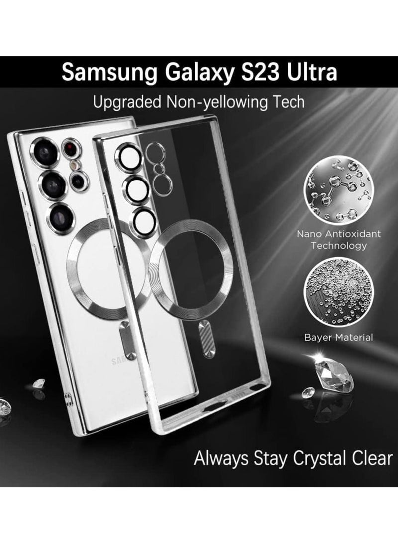 جراب مغناطيسي شفاف لهاتف Samsung Galaxy S23 Ultra مع واقي عدسة الكاميرا متوافق مع Magsafe جراب هاتف Samsung Galaxy S23 Ultra ناعم مطلي بطلاء كهربائي مقاوم للصدمات ومضاد للخدش ، فضي - Image 5