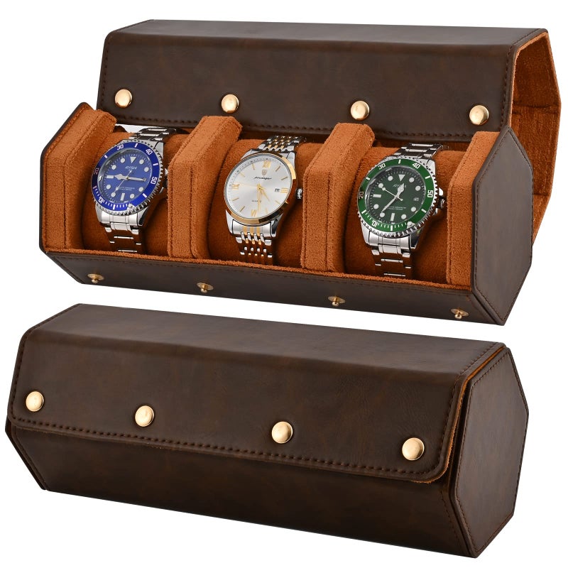 Luxury Leather Watch Roll Travel Case for Men and WomenTravel Watch Case Holds 3 Watches Storage DisplayDesigned for steel watch bands leather metal rubber and bracelets 3 SlotHexagon Brown