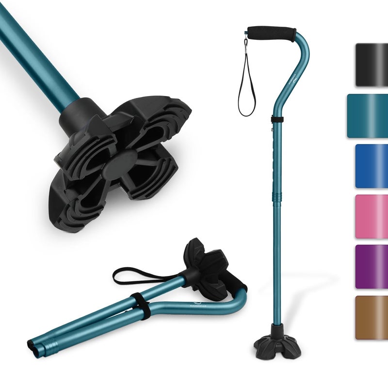 KINGGEAR F1 Walking Stick, Walking Cane for Women & Men with Wrist Strap, Lightweight & Sturdy Offset EVA Handle, Large Quad Base, Self Standing for Seniors and People with Injuries & Recovery - Image 1