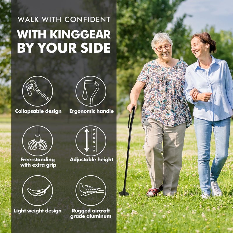 KINGGEAR F1 Walking Stick, Walking Cane for Women & Men with Wrist Strap, Lightweight & Sturdy Offset EVA Handle, Large Quad Base, Self Standing for Seniors and People with Injuries & Recovery - Image 2