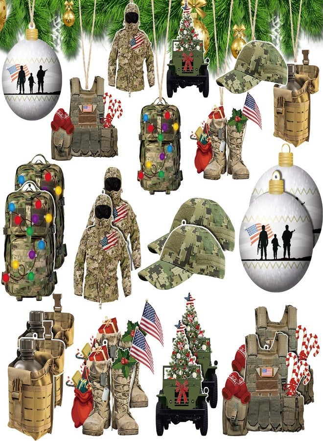 Beeveer 24 Pcs Army Ornaments for Christmas Tree Military Christmas Decorations Veteran Wooden Gifts Ornaments United States American Soldier Vehicle Boots Flag Decor for Xmas Tree Party Decor - Image 1