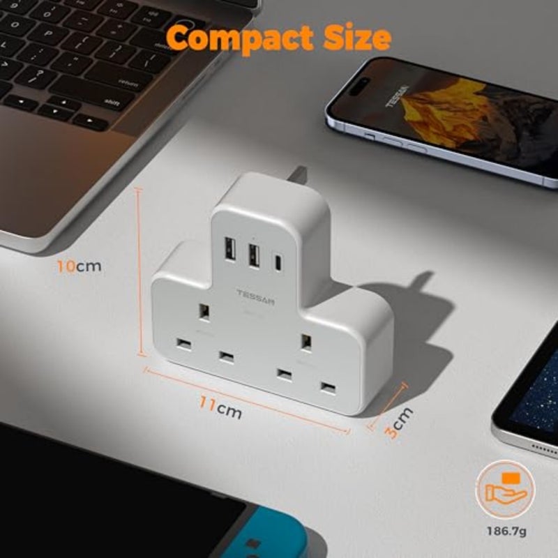 محول قابس مع 3 منافذ USB، محول قابس مزدوج AE، وصلة توصيل متعددة الاتجاهين مع شاحن USB، موسع طاقة نحيف للمكتب، أساسيات الجامعة - Image 5