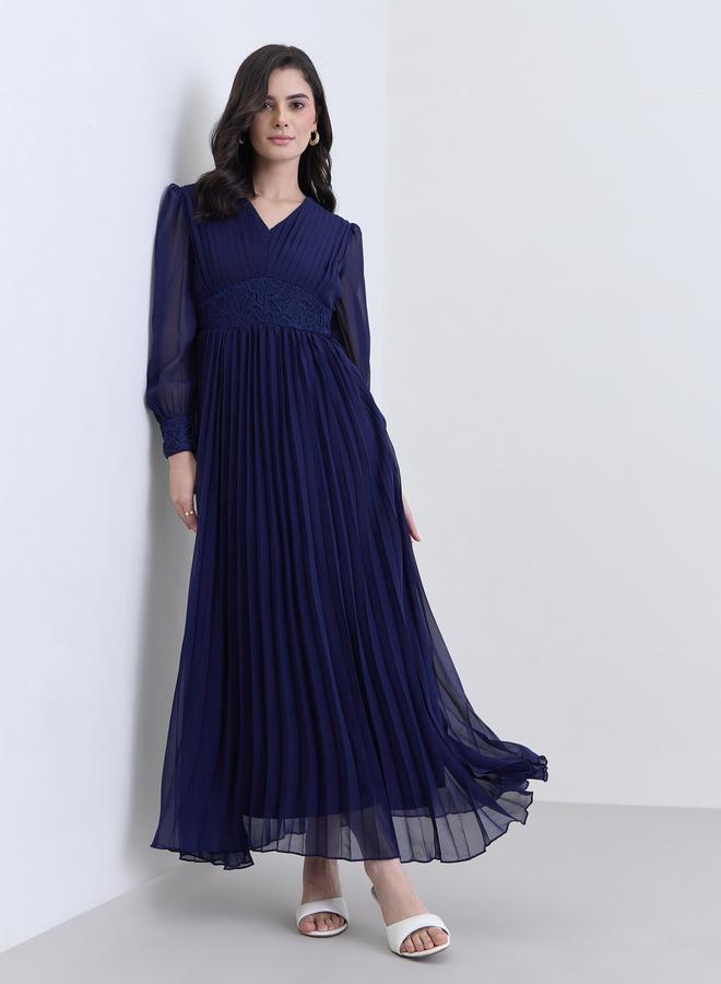 Styli Women Navy Blue Pleated Maxi Dress - Image 1