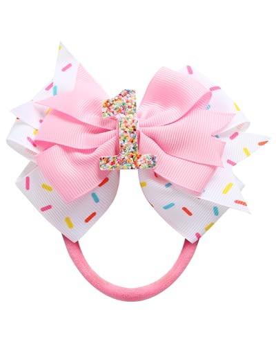 Fancheer Birthday Hair Bow for Baby Girls 1 2 3 4 5 6 Years Sprinkle Decorations Confetti Ice Cream Party Pink Hair Accessories Headband for First 1st Birthday - Image 1